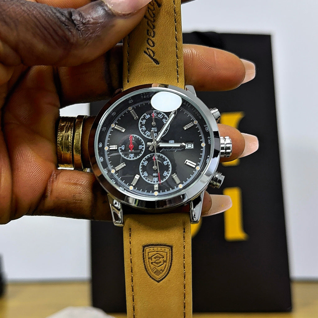 Leather Luxury-Style Stainless Steel Wristwatch